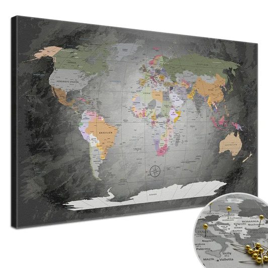 Deine World Map Edelgrau als Premiumleinwand mit 2 cm breiten Rahmen.