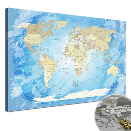 Deine World Map Frozen als Premiumleinwand mit 2 cm breiten Rahmen.