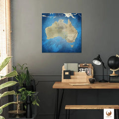 Die Welt als Zentrum Deiner Wohnung. Deine Australienkarte Meerestiefe für sich mit ihren ausgewogenen Farben ideal in Dein Wohnkonzept ein.