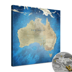 Deine Australienkarte Meerestiefe als Premiumleinwand mit 2 cm breiten Rahmen.