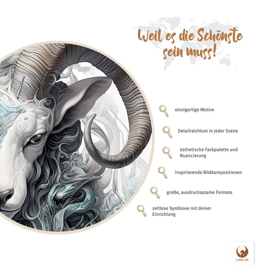 Deine Limited Edition Capricorn wartet nur darauf, deine heimische Galerie zu erweitern. Detailreich mit einer ästhetischen Fargebung und Nuancierung inspiriert es dich Tag für Tag. Die große aber zeitlose Erscheinung macht Capricorn zu deinem langjährigen Begleiter in deiner Wohnung. Lass dich von deiner Limited Edition immer wieder inspirieren.