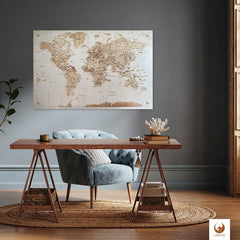 Deine Holz-Weltkarte "Traveller´s Tale" ist die perfekte Ergänzung für dein Arbeits- oder Wohnzimmer.