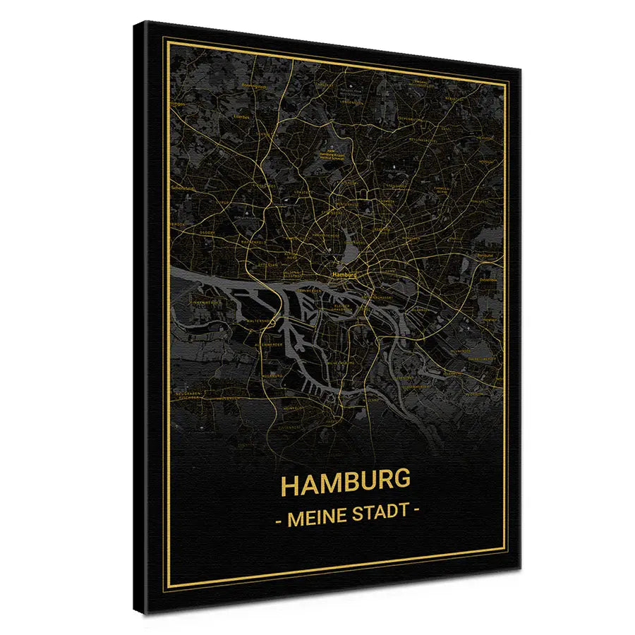 Belebe deine Räume mit der Städtekarte Hamburg Noir in der Premium-Edition. Gedruckt auf matter Baumwoll-Leinwand mit einem Gewicht von 320 g/m² und gespannt auf einen 2 cm tiefen Keilrahmen, setzt sie in jedem Raum ein stilvolles Highlight. Die Verwendung von umweltfreundlichen, wasserbasierten und vollständig abbaubaren Tinten sowie UV-beständigen Farben gewährleistet, dass die lebendigen Farben deiner Karte mindestens 75 Jahre strahlen.