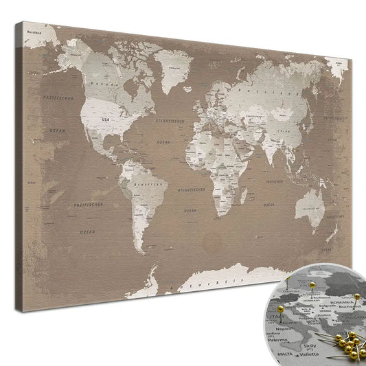 Deine Weltkarte Hazel als Premiumleinwand mit 2 cm breiten Rahmen.