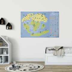 Weltkarte mit Dinos fuer das Kinderzimmer auf Leinwand