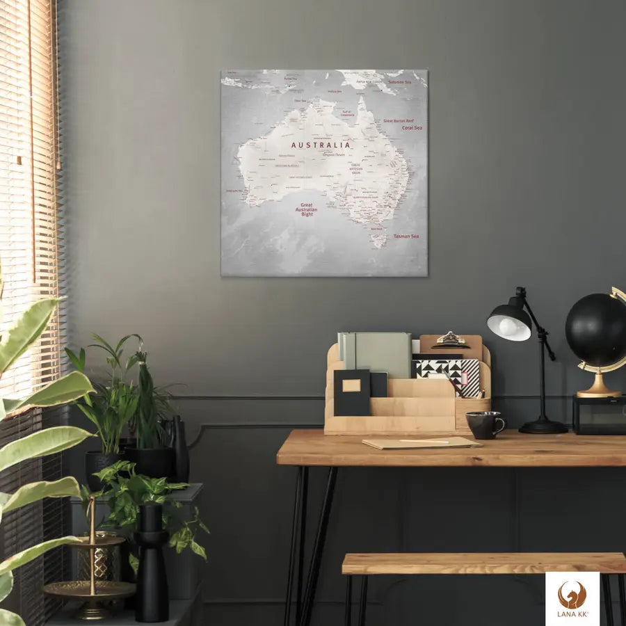 Die Welt als Zentrum Deiner Wohnung. Deine Australienkarte Champagner für sich mit ihren ausgewogenen Farben ideal in Dein Wohnkonzept ein.
