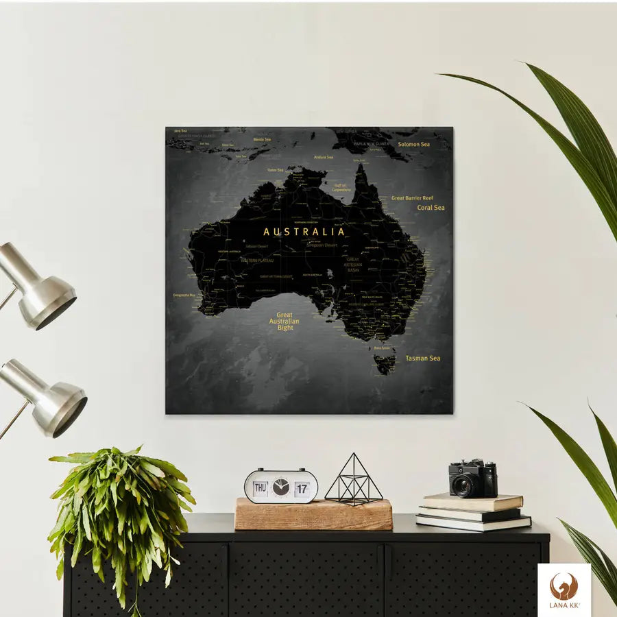 Egal in welchen Raum Du Deine Australienkarte Noir platzierst, sie wird immer die Blicke auf sich ziehen.