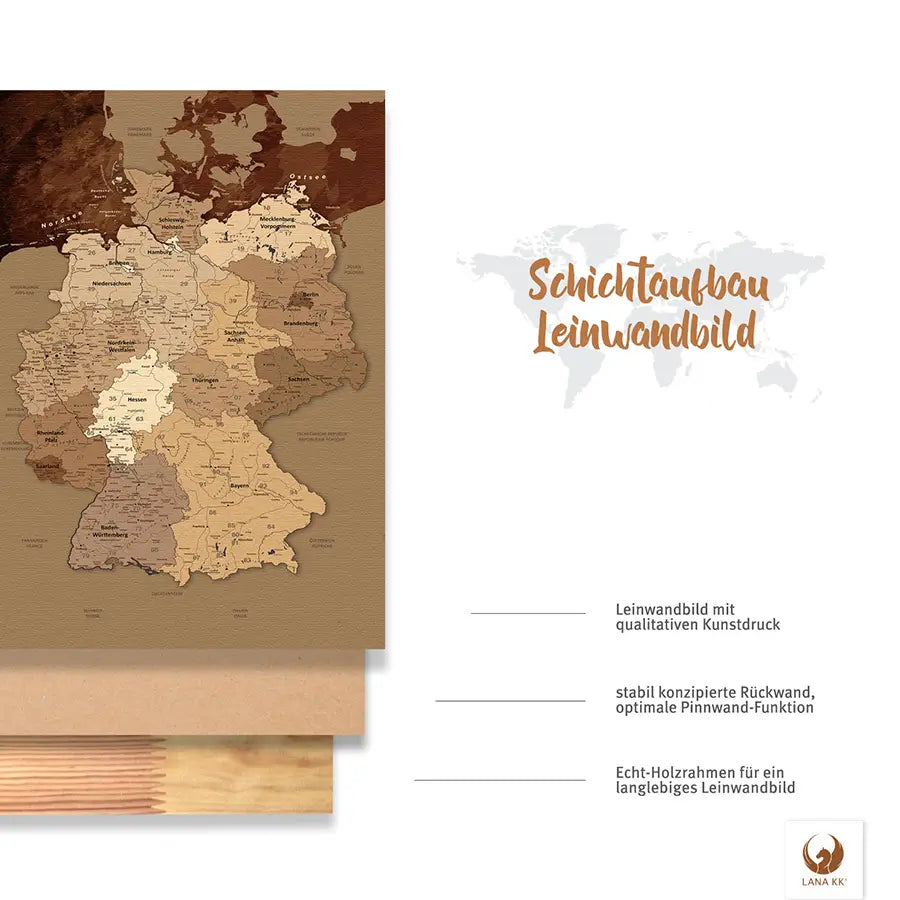 Deine Deutschlandkarte Antik ist stabil konstruiert und ist optimal zum Pinnen Deiner Reiseziele.