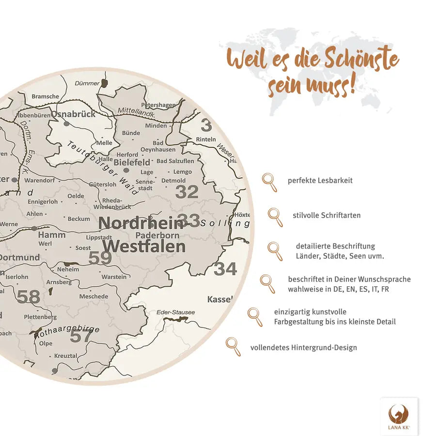 Dekoriere Deine Deutschlandkarte Beige mit Stickern, Pins und Fotos.