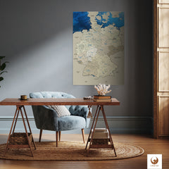 Deine Deutschlandkarte Blue Ocean als Blechschild passt perfekt in jedes Wohnzimmer, Flur oder Arbeitszimmer.