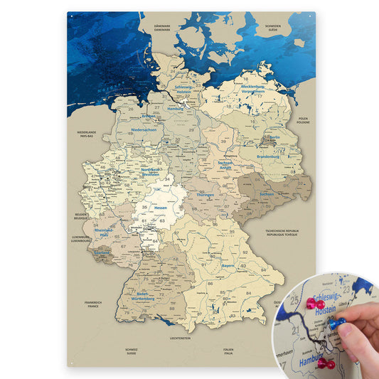 Deine Deutschlandkarte als magnetisches Blechschild zum Markieren deiner Reiseziele mit Magneten oder Stickern.
