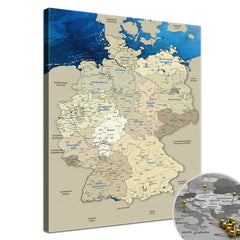 Deine Deutschlandkarte Blue Ocean als Premiumleinwand mit 2 cm breiten Rahmen.
