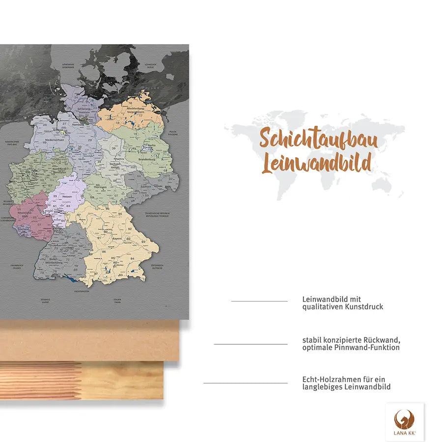 Deine Deutschlandkarte Edelgrau ist stabil konstruiert und ist optimal zum Pinnen Deiner Reiseziele.