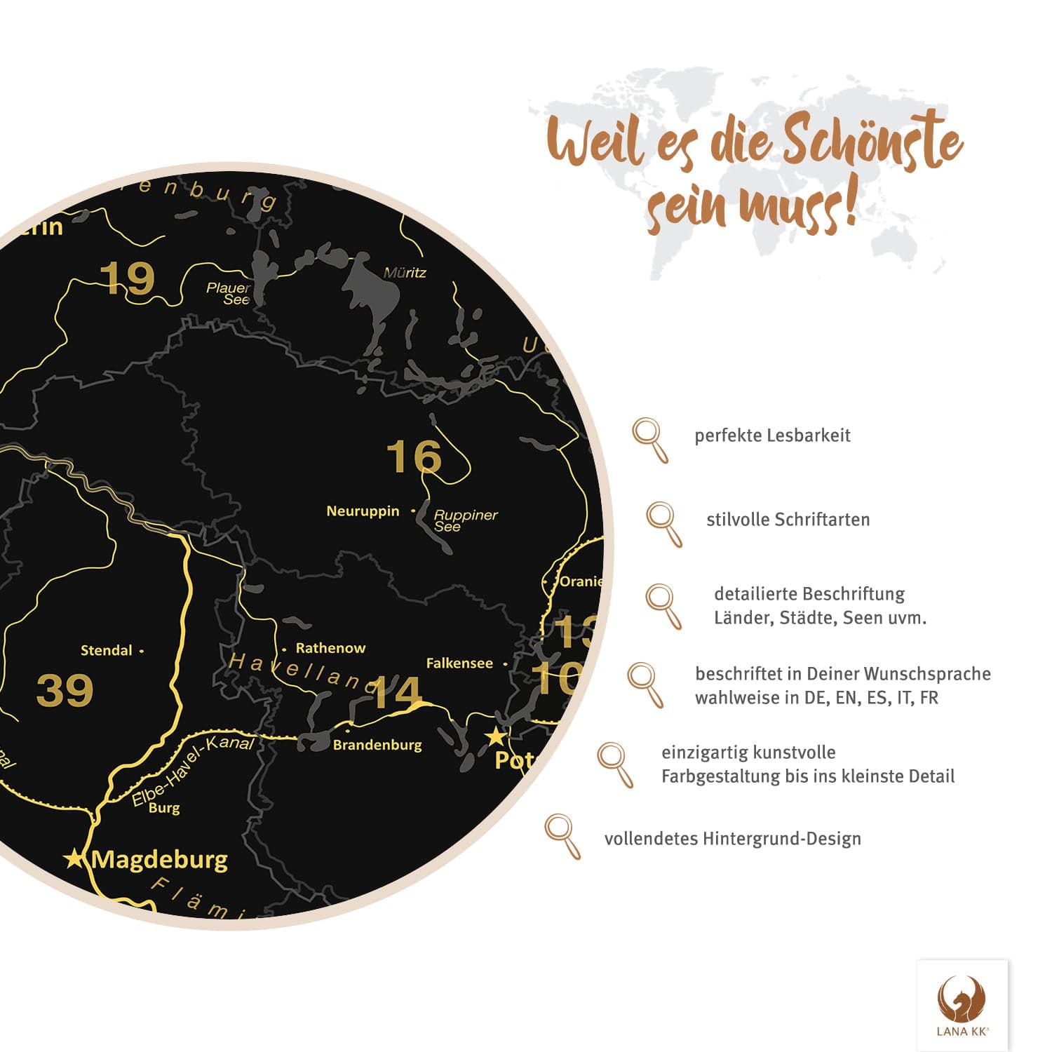 Weil es die Schönste sein muss! Deine Deutschlandkarte Noir besticht mit perfekter Lesbarkeit, Detailreichtum und vollendetem Hintergrund-Design.