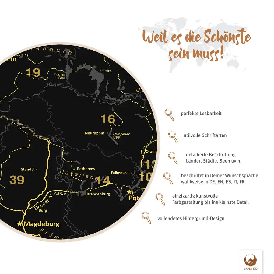 Dekoriere Deine Deutschlandkarte Noir mit Stickern, Pins und Fotos.