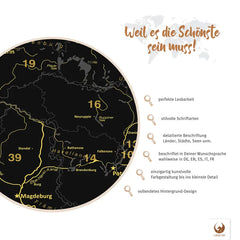 Dekoriere Deine Deutschlandkarte Noir mit Stickern, Pins und Fotos.