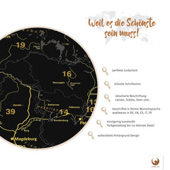 Weil es die Schönste sein muss! Deine Deutschlandkarte Noir besticht mit perfekter Lesbarkeit, Detailreichtum und vollendetem Hintergrund-Design.