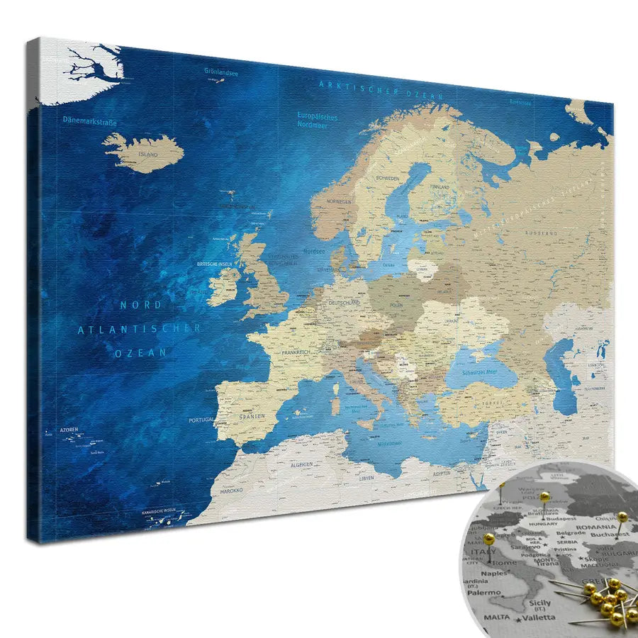 Deine Europakarte Meerestiefe als Premiumleinwand mit 2 cm breiten Rahmen.
