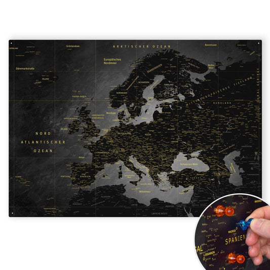 Deine Europakarte als magnetisches Blechschild zum Markieren deiner Reiseziele mit Magneten oder Stickern.