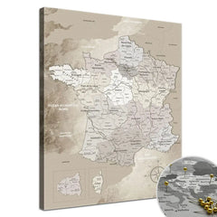 Deine Frankreichkarte Beige als Premiumleinwand mit 2 cm breiten Rahmen.