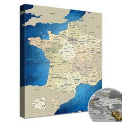 Leinwandbild - Frankreichkarte Blue Ocean  - Pinnwand