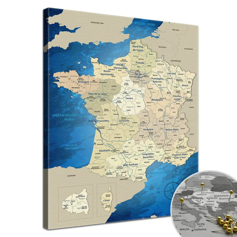 Deine Frankreichkarte Blue Ocean als Premiumleinwand mit 2 cm breiten Rahmen.