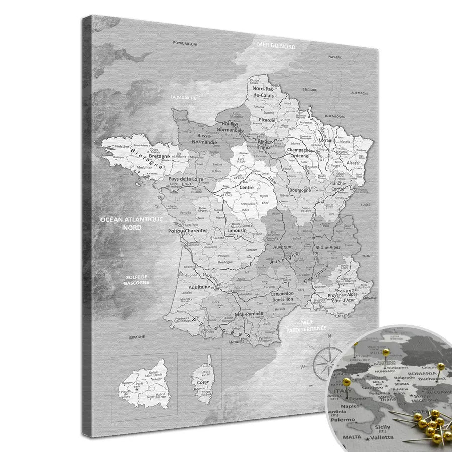 Deine Frankreichkarte Hellgrau als Premiumleinwand mit 2 cm breiten Rahmen.