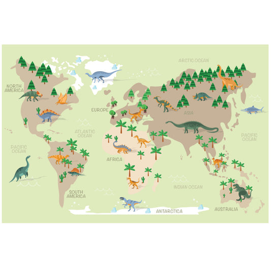 Weltkarte Kinder Grün - Dinosaurier, Englisch