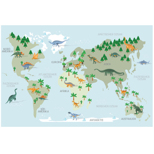 Weltkarte Kinder Hellblau - Dinosaurier, Deutsch
