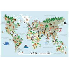 Weltkarte Kinder Hellblau - Tiere, Menschen, Sehenswürdigkeiten, Deutsch
