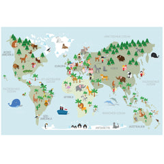 Weltkarte Kinder Hellblau - Tiere und Sprachen, Deutsch