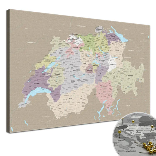 Deine Schweizkarte Grau Sand als Premiumleinwand mit 2 cm breiten Rahmen.