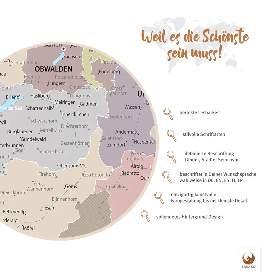 Weil es die Schönste sein muss! Deine Schweizkarte Grau Sand besticht mit perfekter Lesbarkeit, Detailreichtum und vollendetem Hintergrund-Design.