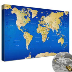 Leinwandbild - Weltkarte Blau - Pinnwand