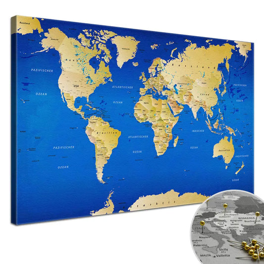 Deine Weltkarte Blau als Premiumleinwand mit 2 cm breiten Rahmen.