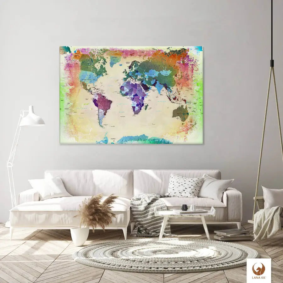 Die Welt als Zentrum Deiner Wohnung. Deine Weltkarte Bunt für sich mit ihren ausgewogenen Farben ideal in Dein Wohnkonzept ein.