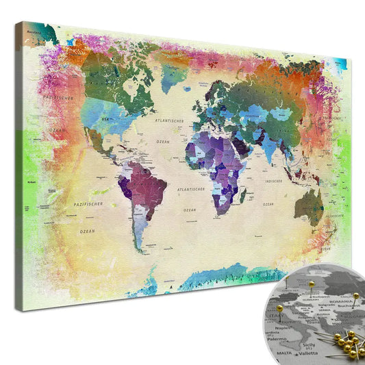 Deine Weltkarte Bunt als Premiumleinwand mit 2 cm breiten Rahmen.