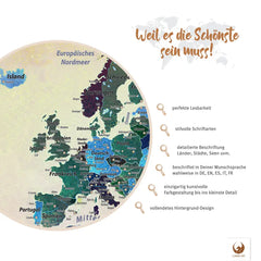 Deine Weltkarte Bunt als Poster wartet darauf, mit deinen Erinnerungen gefüllt zu werden. Mit perfekter Lesbarkeit und stilvollen Schriftarten ist sie schön und ideal zur Reiseplanung. Jedes Land, jede Stadt und die dazugehörigen Gewässer sind mit Liebe zum Detail beschrieben. Du hast die Wahl deiner bevorzugten Sprache - auf Deutsch, Englisch, Spanisch, Italienisch oder Französisch.