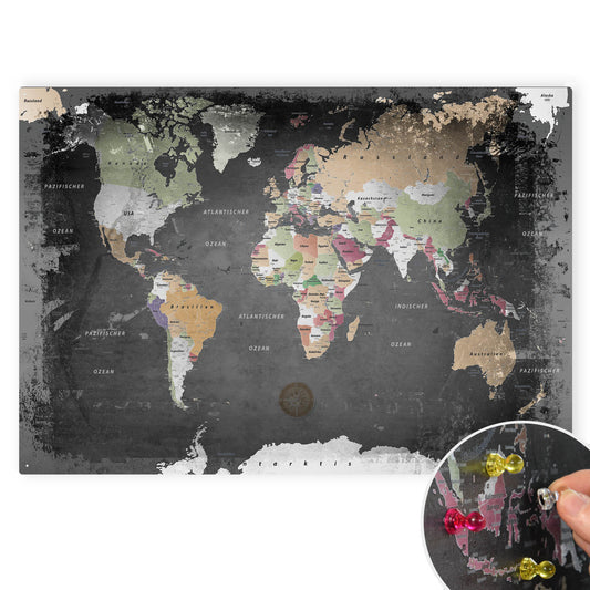 Deine Weltkarte als magnetisches Blechschild zum Markieren Deiner Reiseziele mit Magneten oder Stickern.
