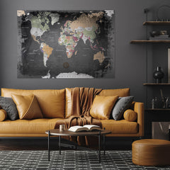 Deine Weltkarte Graphit als Blechschild passt perfekt in jedes Wohnzimmer, Flur oder Arbeitszimmer.