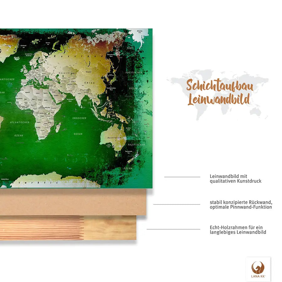 Deine Weltkarte Grün ist stabil konstruiert und ist optimal zum Pinnen Deiner Reiseziele.