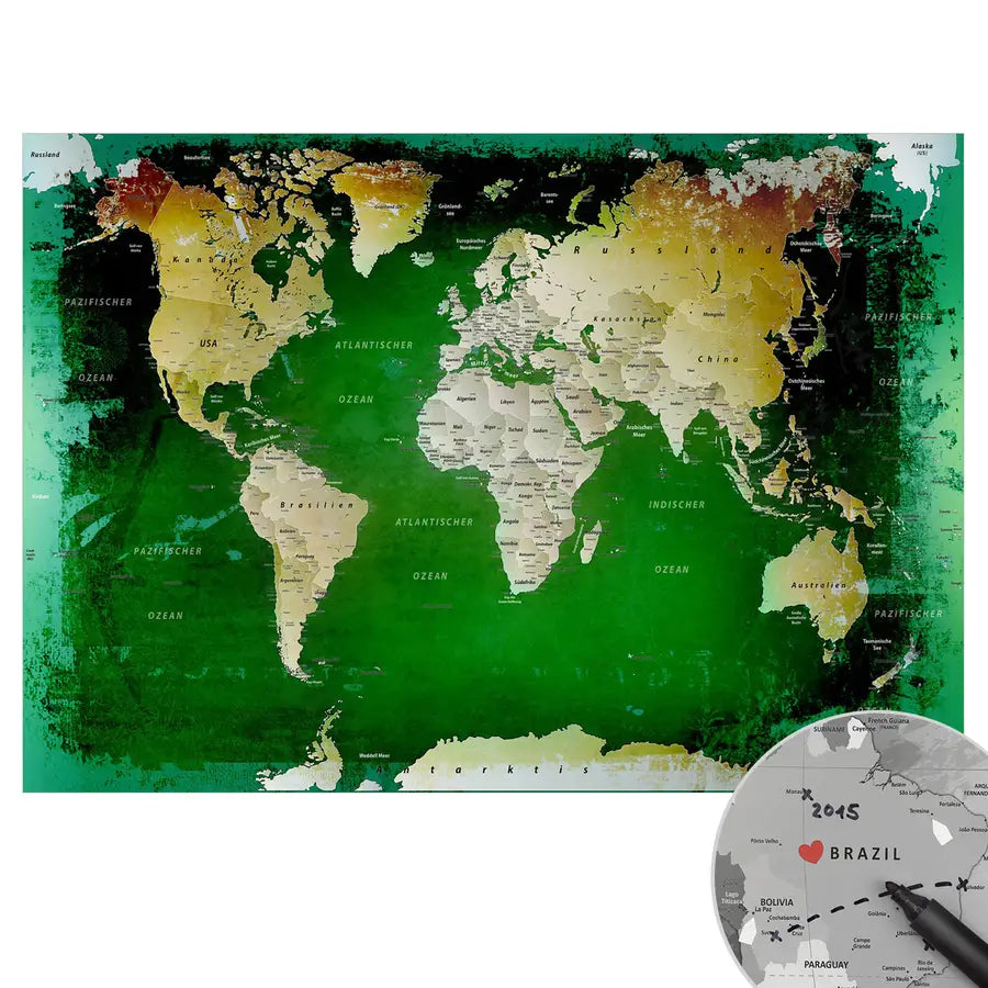 Schnapp dir deine Weltkarte Grün als Poster und beginne damit, deine eigenen Abenteuer festzuhalten. Gedruckt auf Premium Posterpapier mit 250 g/m² und einer satinieren Oberfläche, wird sie deinen Raum zum Strahlen bringt. Und weil wir wissen, dass du Feinheiten liebst, ist alles mit detaillierter Beschriftung in versehen. Obendrauf gibt’s Sticker, mit denen du direkt loslegen kannst, um deine Reiseziele zu markieren.
