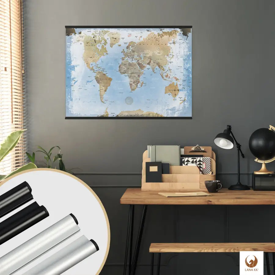 In deinem stilvollen Arbeitszimmer findet deine Weltkarte Ice als Poster den perfekten Platz. Sie ist nicht nur ein Dekorationsstück, sondern lässt deine Reisen immer wieder lebendig werden. Markiere mit Stickern und klebe kleinen Fotos an als interaktive Chronik deiner Abenteuer. Mit Posterschienen kannst du schick und super einfach deine Weltkarte als Poster an die Wand hängen.
