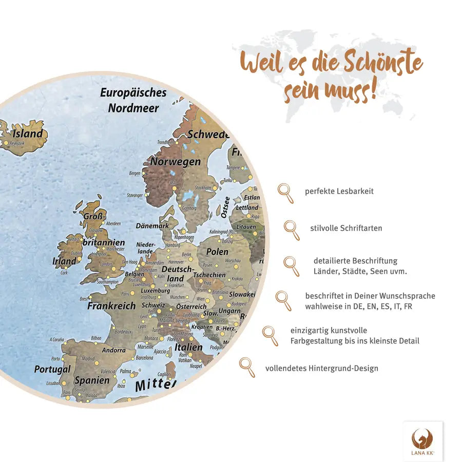 Deine Weltkarte Ice als Poster wartet darauf, mit deinen Erinnerungen gefüllt zu werden. Mit perfekter Lesbarkeit und stilvollen Schriftarten ist sie schön und ideal zur Reiseplanung. Jedes Land, jede Stadt und die dazugehörigen Gewässer sind mit Liebe zum Detail beschrieben. Du hast die Wahl deiner bevorzugten Sprache - auf Deutsch, Englisch, Spanisch, Italienisch oder Französisch.