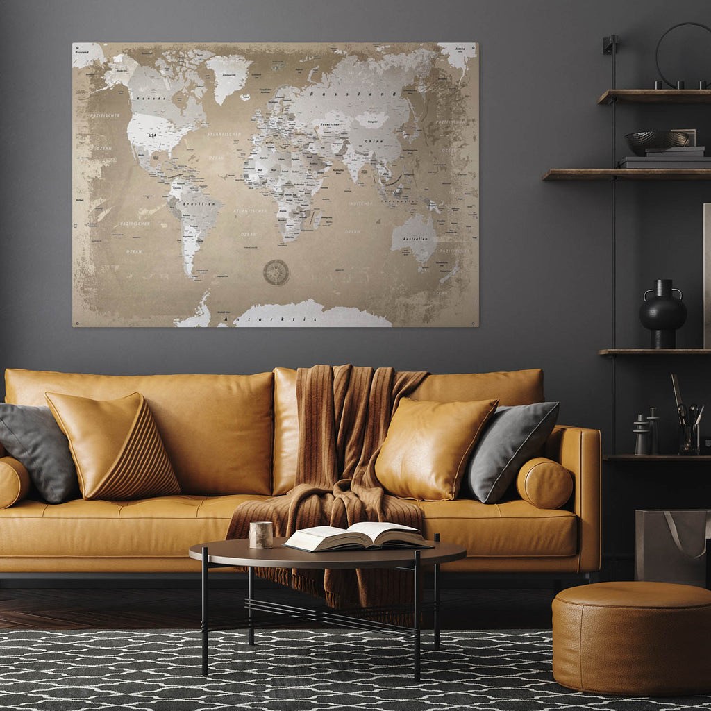 Deine Weltkarte Natur als Blechschild passt perfekt in jedes Wohnzimmer, Flur oder Arbeitszimmer.