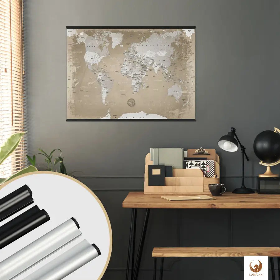 In deinem stilvollen Arbeitszimmer findet deine Weltkarte Natur als Poster den perfekten Platz. Sie ist nicht nur ein Dekorationsstück, sondern lässt deine Reisen immer wieder lebendig werden. Markiere mit Stickern und klebe kleinen Fotos an als interaktive Chronik deiner Abenteuer. Mit Posterschienen kannst du schick und super einfach deine Weltkarte als Poster an die Wand hängen.
