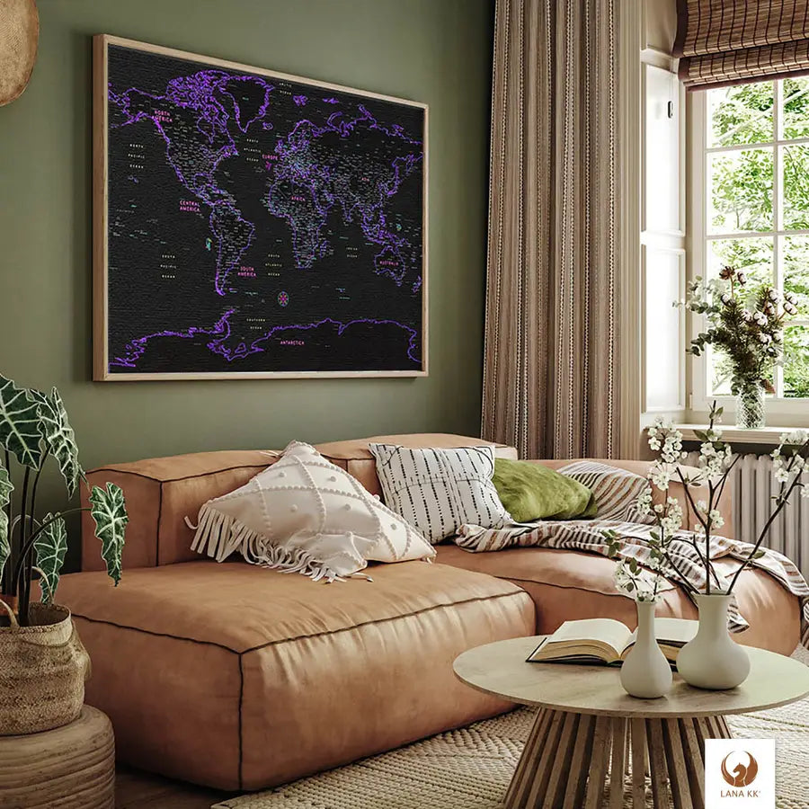 Die Welt als Zentrum Deiner Wohnung. Deine Weltkarte Neon für sich mit ihren ausgewogenen Farben ideal in Dein Wohnkonzept ein.