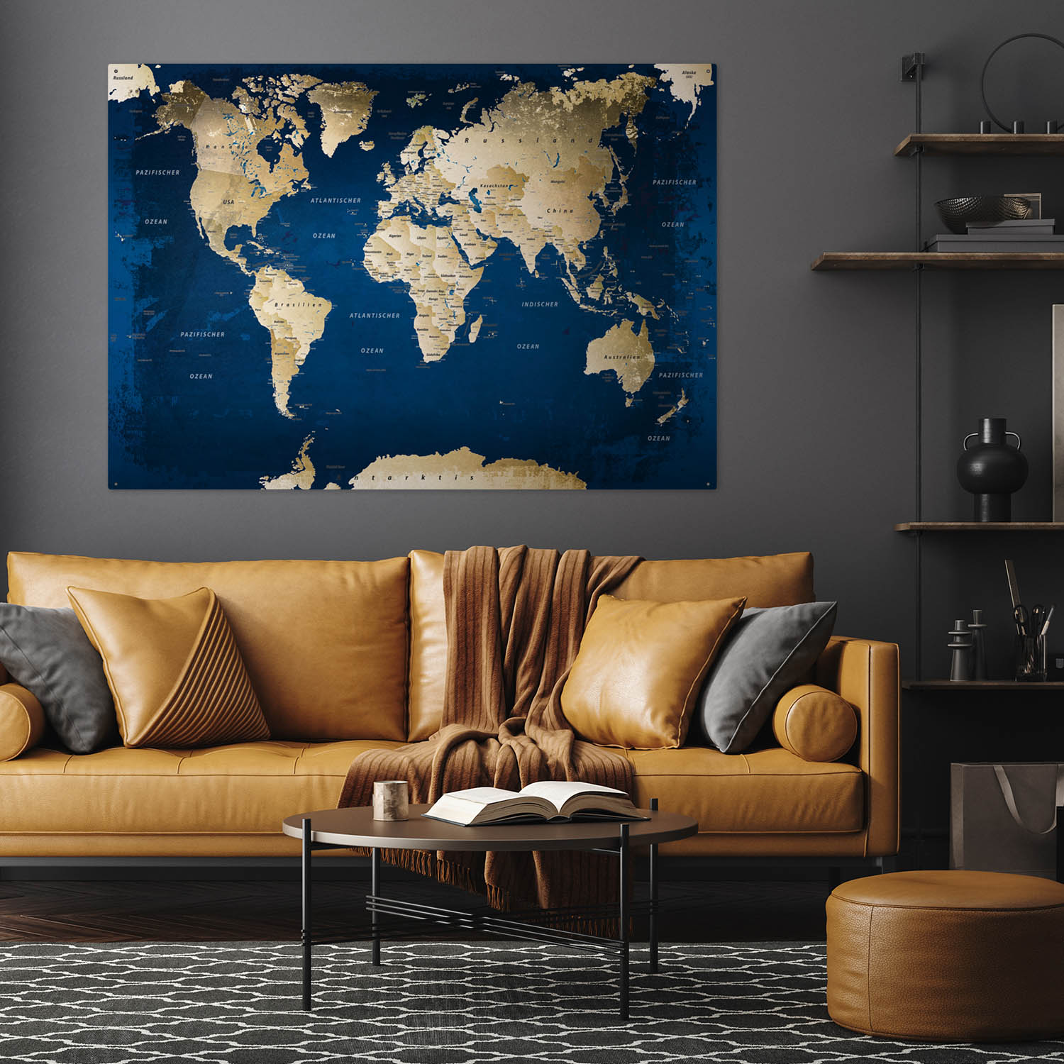 Deine Weltkarte Ocean als Blechschild passt perfekt in jedes Wohnzimmer, Flur oder Arbeitszimmer.