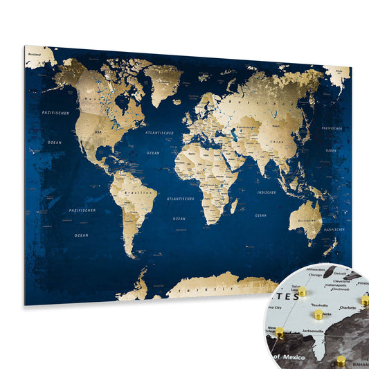 Deine Weltkarte als Magnetboard zum Markieren deiner Reiseziele mit Magneten oder Stickern.