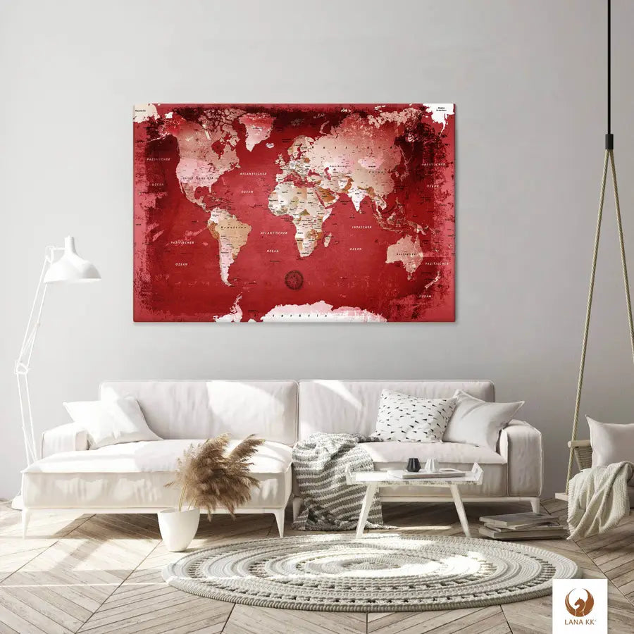 Die Welt als Zentrum Deiner Wohnung. Deine Weltkarte Red für sich mit ihren ausgewogenen Farben ideal in Dein Wohnkonzept ein.